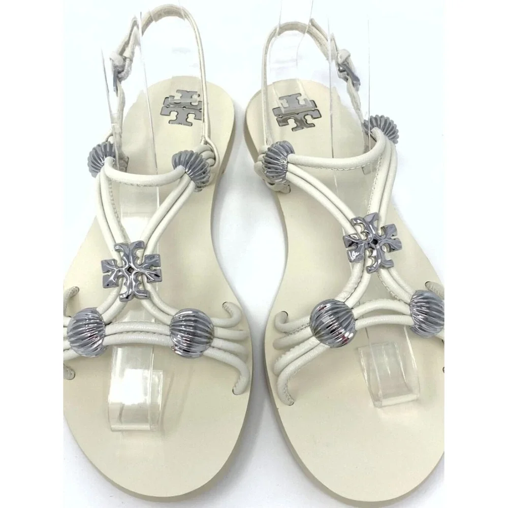 TORY BURCH CREAM LEATHER GLADIATOR SANDALS WITH SILVER HARDWARE NEW IN BOX